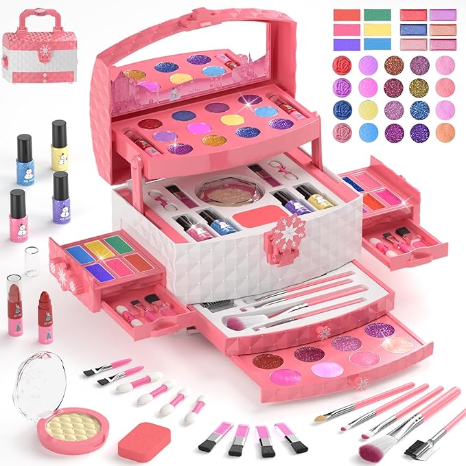 GirlsHome Kids Makeup Set for Girl 56 Pcs Washable Real Cosmetic, Non-Toxic Frozen Toys Toddler Makeup Kit, Frozen Princess Dress up Kit Christmas & Birthday Girl Gift for 3-12 (Frozen Pink)