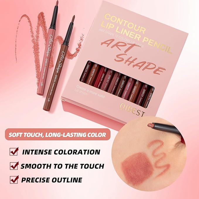 QiBest 12Pcs Velvet Lipstick Gel Lip Liner Pencil Set, Creamy Matte Crayon Lipsticks Long Lasting Lip Filler Makeup Kit for Women & Girls, Lipstick Pencils Pack with Rich Color & Smooth Application