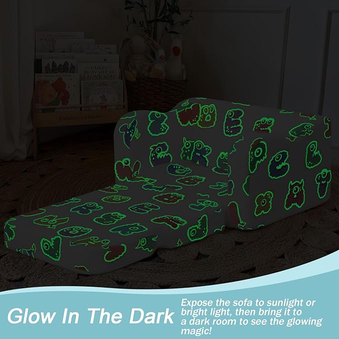 MeMoreCool Glow-in-The-Dark Alphabet Kids Couch – Soft Plush Folding Toddler Chair and Comfy Recliner for Boys and Girls