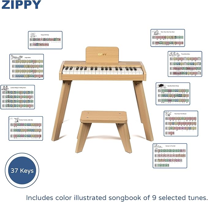 ZIPPY Kids Piano Keyboard, 37 Keys Digital Piano for Kids, Touch Sensitive Control Panel, Built-in Songs, Volume Adjustable, Music Educational Instrument Toy, Wood Piano for 3+ Girls and Boys