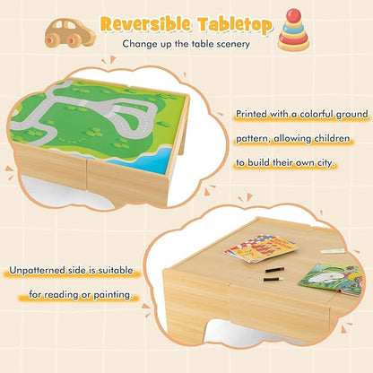 HONEY JOY Train Table, Wooden Kids Activity Table with Storage, 84 Multicolor Pieces, Tracks, Trains, Cars, Toddler Toy Train Table Set w/Reversible Tabletop, Gift for Boys Girls Ages 3+ (Natural)