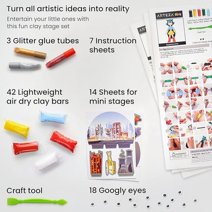 Arteza Kids Air Dry Clay, 42 Bars, Superhero Stage Modeling Clay Kit, 14 Mini-Stages, 14 Googly Eyes, 3 Glitter Glues, 1 Craft Tool, 7 Instruction Sheets, Craft Supplies for Learning and Developing