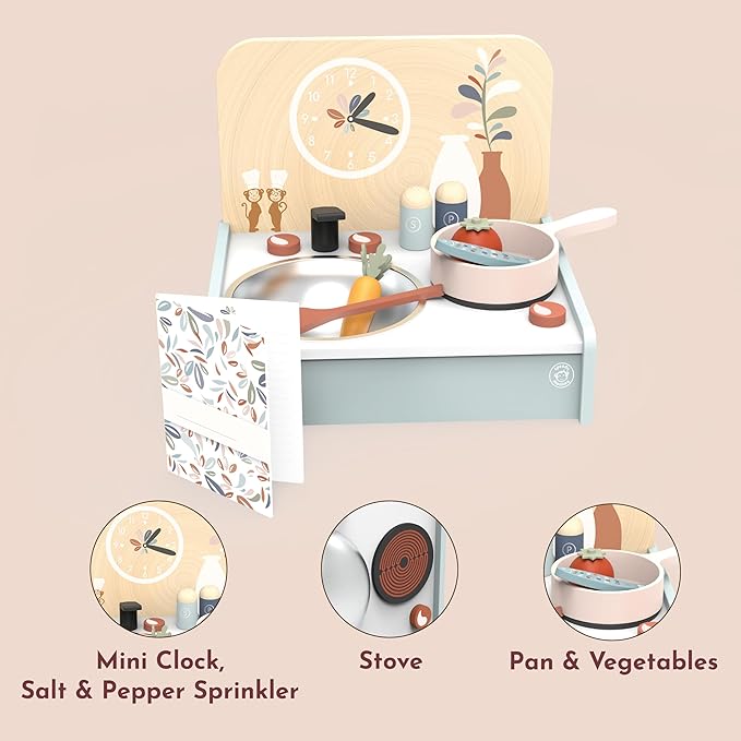 SPEEDY MONKEY Table-Set Kitchen with 8 Accessories, Portable Wooden Kitchen Toy with Stovetop, Spatula, Pan & More, Encourages Creative Play, Ideal for Kids to Cook, Serve and Clean Up
