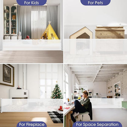 145 Inch Retractable Baby Gates Extra Wide Dog Gate for Extra Wide Openings Retractable Dog Gate Indoor Outdoor Retractable Gate Mesh Baby Gate Extra Long Baby Gate for Stairs, Doorways, White