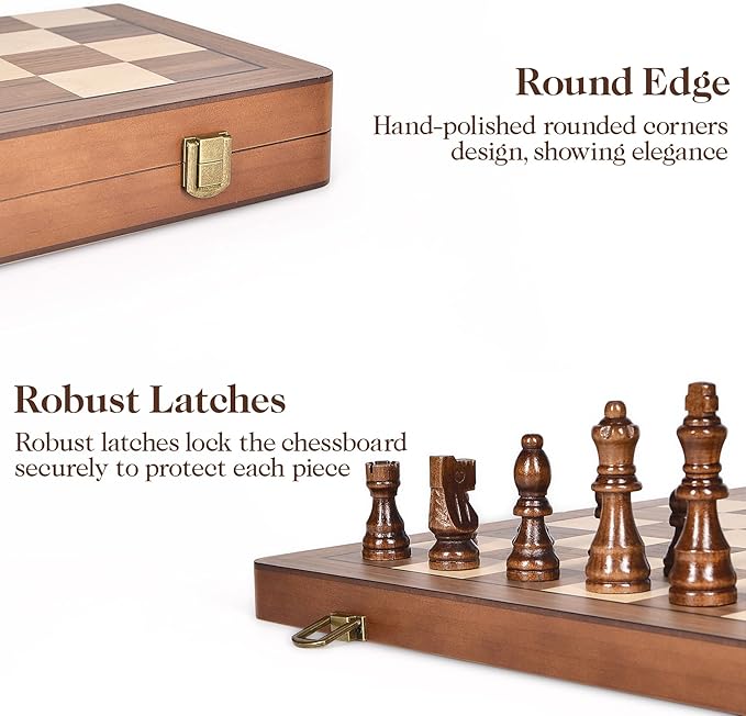 ELONGDI 15" Wooden Chess Set with Magnetic Pieces - Extra Queens - Folding Chessboard Portable Travel Tournament Chess Board Games for Adults Kids
