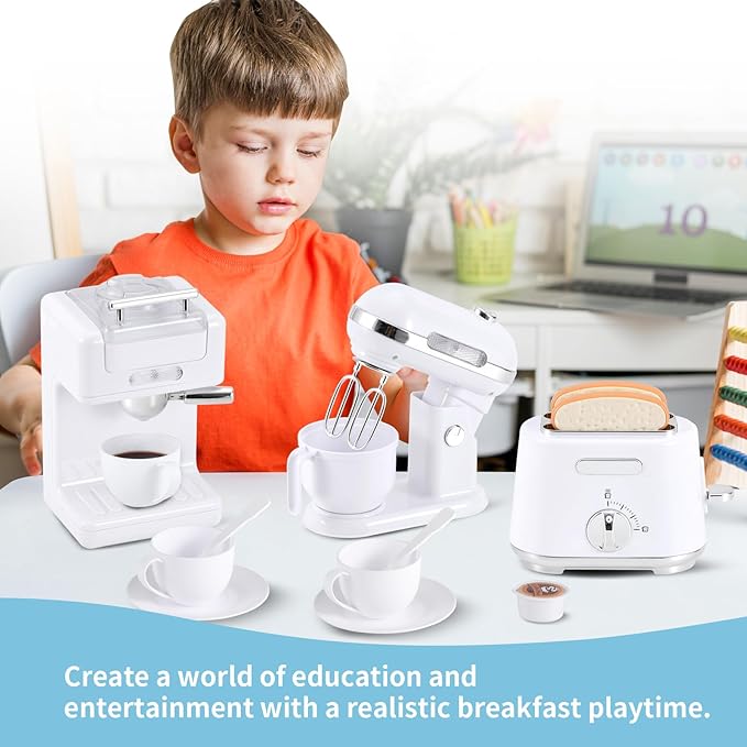 Pretend Play Kitchen Appliances Toy Set, Play Kitchen Accessories for Kids 3-8 with Coffee Maker, Toaster, Mixer with Light and Sound, Birthday Gift for Kids Ages 3 4 5 6 7 8，White