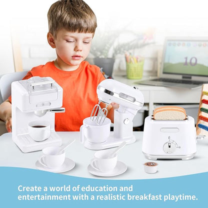 Pretend Play Kitchen Appliances Toy Set, Play Kitchen Accessories for Kids 3-8 with Coffee Maker, Toaster, Mixer with Light and Sound, Birthday Gift for Kids Ages 3 4 5 6 7 8，White