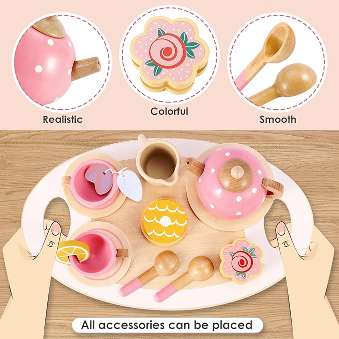 BUYGER Pretend Play Princess Tea Party Set for 3 4 5 6 + Year Old Wooden Kitchen Play Food Accessories Sets Gifts for Toddler Little Girls Boys Age 3-5