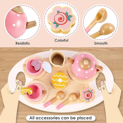 BUYGER Pretend Play Princess Tea Party Set for 3 4 5 6 + Year Old Wooden Kitchen Play Food Accessories Sets Gifts for Toddler Little Girls Boys Age 3-5