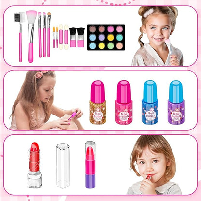 58Pcs Kids Makeup Kit for Girl - Real Washable Cosmetic Set with Light Up Mirror - Kids Makeup Sets for Girls -Play Make Up Birthday for Age 3 4 5 6 7 8 9 10 11 12 Years Old Kid -Rose