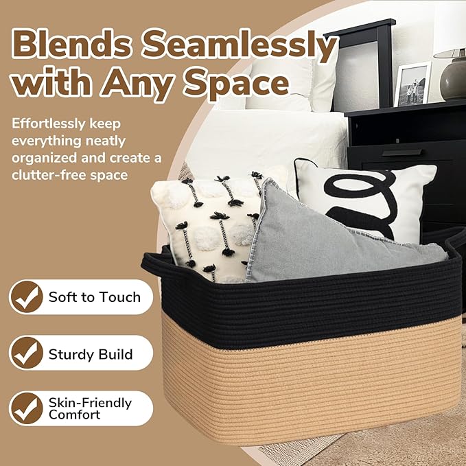 Goodpick Large Woven Blanket Basket 23.6" x 15.7" x 13.8" Cotton Rope Storage Organizer for Dirty Clothes Pillows, Wicker Storage Basket for Living Room Bedroom, Black & Jute