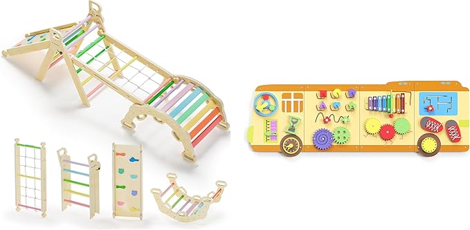 BlueWood 2024 8 in 1 Pikler Triangle Climbing Set, School Bus Wall Busy Board Panels