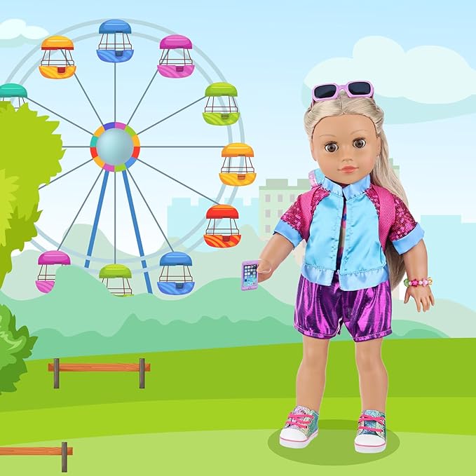 10 Pcs American 18 Inch Doll Accessories, 3-piece 18 Inch Doll Clothes Set with Doll Shoes, Hair Clip, Gradient Backpack, Bracelet, Sunglasses, Notebooks, Toy Tablet, Phone - Best Gift for Kids