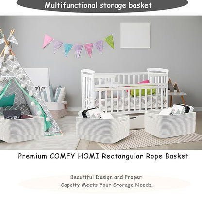 COMFY-HOMI Cotton Rope Woven Basket with Handles for Shelves,Toys,Book, Cloth Storage Baskets for Organizing-17" x 13" x 7.5" Toy Decorative Organizer for Living Room, Bathroom （All White）