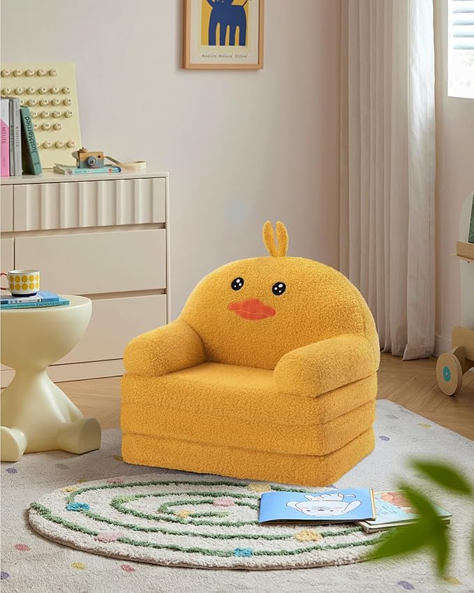 MOONBEEKI Comfy Toddler Chair, Kids Couch Fold Out to Lounger, Foldable Baby Sofa Plush for Girl and Boy Age 18 Months and Up （Duck）