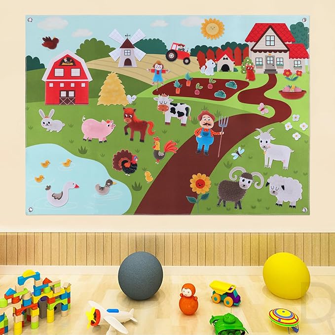 HomeMall Farm Animals Felt Board, 3.5 Ft Farmhouse Themed Felt Board for Toddlers, Preschool Early Learning Toy, Interactive Storytelling Wall Hanging Play Kit Gift for Toddlers Childrens
