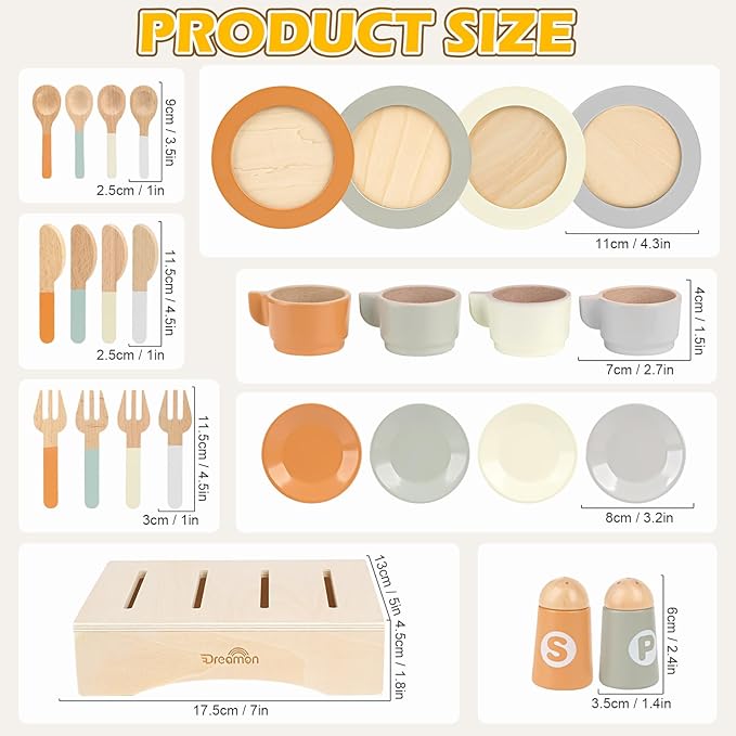 Wooden Play Dishes and Plates for Kids Kitchen Set, 27 PCS Wooden Play Kitchen Accessories, Kitchen Toy for Toddlers 2-4 Years Girls and Boys