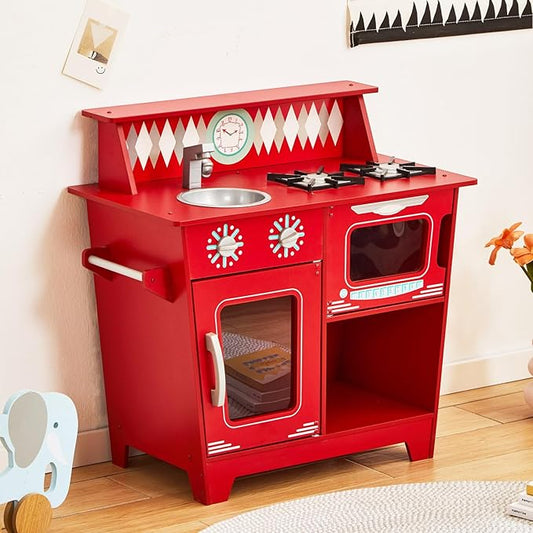Classic Kitchen Playset, Wooden Play Kitchen for Toddler, with Toy Storage Space, Sink, Faucet and Burners, Microwave Oven, Gifts for Ages 3-8