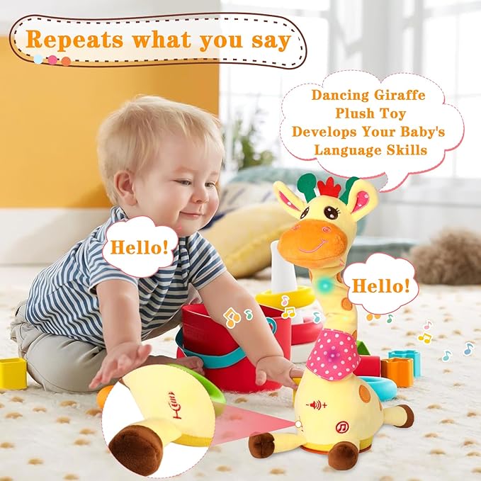 Dancing Talking Giraffe Toy for Baby Girl & Boy, Interactive Stuffed Animal Baby Toy Repeating What You Say, Glowing Musical Giraffe Gifts for Toddlers 1-3 Years Old, for Kids (Giraffe)