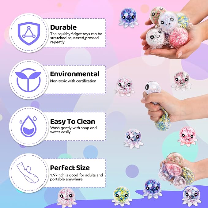 24 Pack Octopus Stress Balls Set for Kids Adults, Cute Squishy Squeeze Fidget Toys for Anxiety Stress Relief, Perfect Party Favors Easter Basket Stuffers Birthday Gifts Classroom Prizes