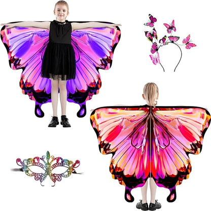 Butterfly Wings For Girls, Double-Sided Fairy Wings, Halloween Costumes for Kids, 3PCS Butterfly Cape Set.