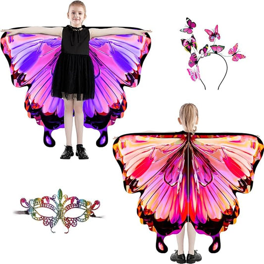 Butterfly Wings For Girls, Double-Sided Fairy Wings, Halloween Costumes for Kids, 3PCS Butterfly Cape Set.