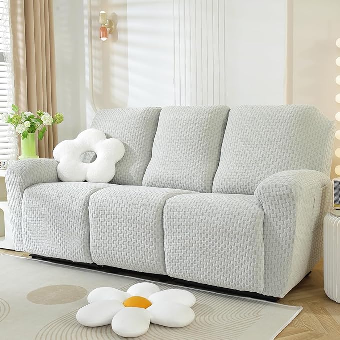 vctops 8 Pieces Jacquard Plush Recliner Sofa Covers Stretch Soft 3 Seats Couch Cover Anti-Slip Solid Color Sofa Slipcover Furniture Protector with Elastic Bottom for Kids Pet (Light Grey,3 Seat)