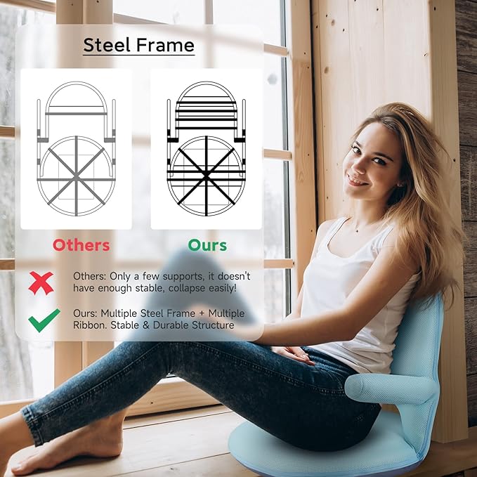Nnewvante Floor Chair with Back Support and Armrest, 42 Angles Adjustable Washable Floor Seat, Folding Recliner with Cushion for Yoga Meditation Adults Kids Classroom Playing