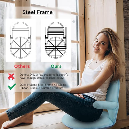 Nnewvante Floor Chair with Back Support and Armrest, 42 Angles Adjustable Washable Floor Seat, Folding Recliner with Cushion for Yoga Meditation Adults Kids Classroom Playing