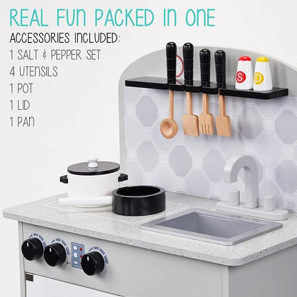Lil' Jumbl Kids Pretend Kitchen Playset, Pretend Wooden Play Kitchen Toy, Realistic Setup, Includes Pot & Pan, 4 Utensils, Salt & Pepper Shaker, Gray