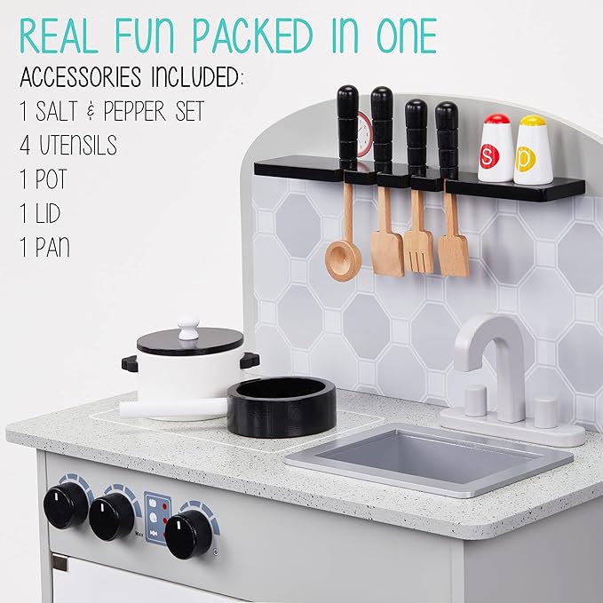 Lil' Jumbl Kids Pretend Kitchen Playset, Pretend Wooden Play Kitchen Toy, Realistic Setup, Includes Pot & Pan, 4 Utensils, Salt & Pepper Shaker, Gray