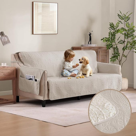 Quilted Beige Sofa Slipcovers with Pockets, Anti-Slip Medallion Couch Covers for 3 Cushion Sofa, Couch Cover for Dogs Cats Water-Repellent Machine Washable (Large Sofa 68", Beige Cream)