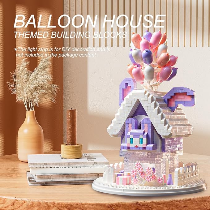 House Building Blocks Kit Toys Building Set, Miniature 1418 Pcs Micro Bricks Collectible Creative Teen Girl Gifts Age 14 and Up, Dust Cover, and Wooden Base Up Balloon Castle Set