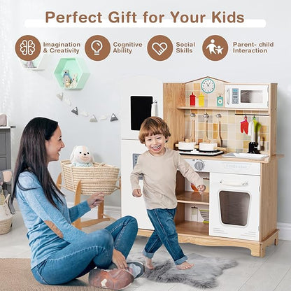 KOTEK Play Kitchen, Wooden Toddler Kitchen Playset w/Light and Sound/Blackboard/Microwave/Ice Maker/Oven/Stove/Faucet, Chef Pretend Play Toy, Kitchen Set for Kids, Gift for Girls Boys Age 3+(Natural)
