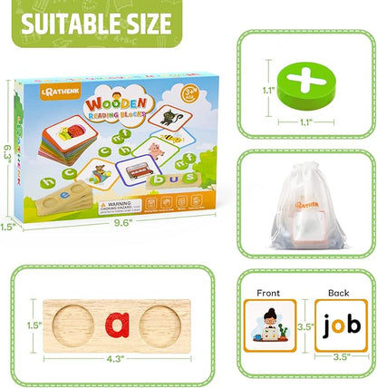 Preschool Kindergarten Learning Activities,ABC Learning for Toddlers,Wooden CVC Word Spelling Games with Flash Cards,Montessori Educational Toys Gifts for 3-7 Years Old Kids,Phonics Books for Readers