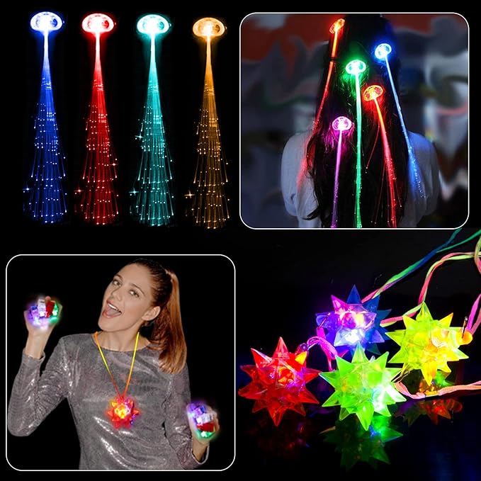 MIBOTE 83Pcs Led Light Up Toys Party Favors Glow in the Dark Party Supplies for Kid/Adults Halloween with 50 Finger Lights, 8 Jelly Rings,Flashing Glasses,Bracelets, Fiber Optic Hair Lights