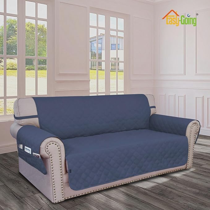 Easy-Going Waterproof Oversized Loveseat Covers Leakproof Couch Cover for 2 Cushion Couch Sofa Cover Washable Sofa Slipcover Non-Slip Furniture Protector with Pocket for Pets (Medium-XL, Navy)