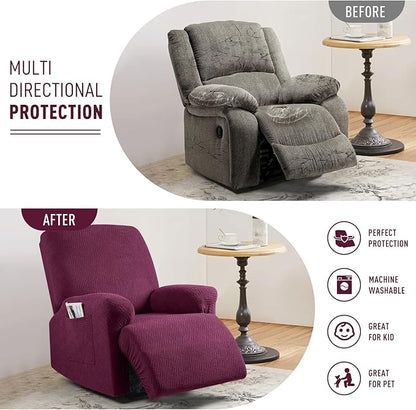 KinCam Recliner Covers, Stretch Reclining Chair Covers, Recliner Sofa Slipcovers Stripe Jacquard Recliner Couch Covers Furniture Protector Covers for Pet Kid (1 Seater, Burgundy)