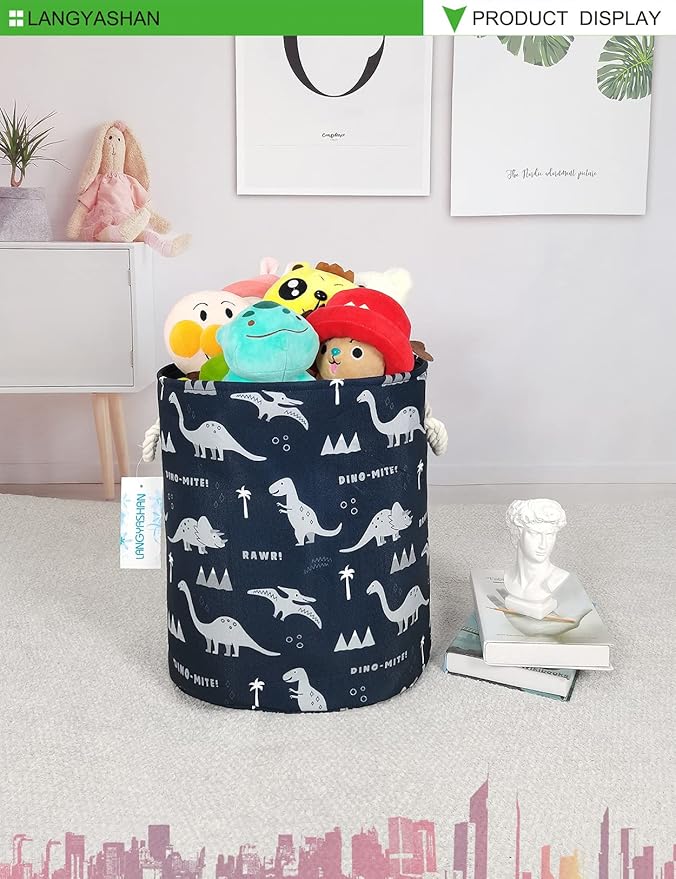 LANGYASHAN Laundry Basket Canvas Collapsible Organizer Storage Basket for Boys Girls Laundry Hamper Toy Bins Gift Baskets Bedroom Clothes Children Nursery (Blue Dinosaur)