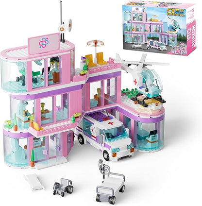 QLT QIAOLETONG Friends City Hospital Building Set, Ambulance Truck with Hospital Bed Wheelchair Playset Birthday, Gift for Boys Girls Kids 6+ Years Old-Compatible with Lego for Girls Age 8-12