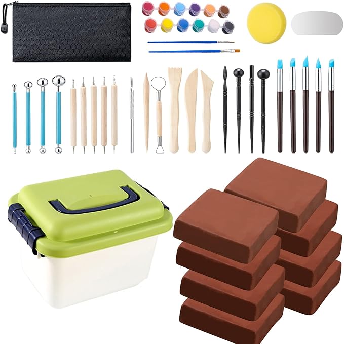 10 lb Terracotta Natural Air-Dry Clay + 30 pcs Pottery Tools + Storage Box,Ideal for Wheel Throwing,Hand Building,Sculpting;Great for All Skill Levels;Whiteware Clay for Pottery (Terracotta 10LB)