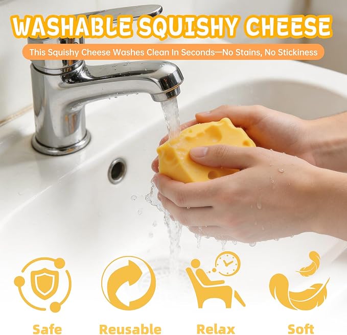 2PCS Yellow Cheese Squishy, Slow-Rising, Soft & Non-Sticky, Anxiety Relief, Big Cheese Squishy for Focus, a Palm-Sized Stress Melter for Desk or Gift
