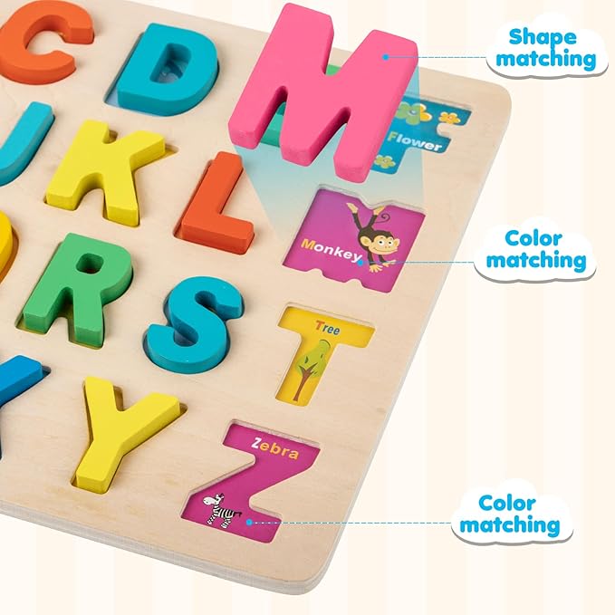Wooden Puzzles for Toddlers, Alphabet Puzzle and Number Shape Puzzle, 3 in 1 Preschool Educational Learning Toys with Chunky Wood ABC Puzzle Board for 2 3 4 5 Girls Boys Kindergarten Set of 3