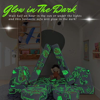 MeMoreCool Modular Glow Sofa for Kids, 8-Piece Convertible Foam Couch Play Set with Glowing Dinosaur Design for Toddlers and Playroom