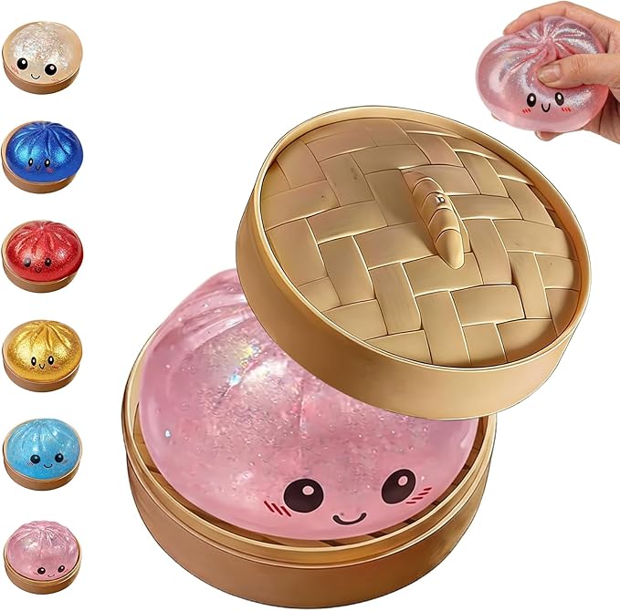 Glitter Dumpling,Colorful Dumpling Squishes Stress Balls with Steamer,Glitter Dumplings Squishies Box,Soft Squeeze Decompression Dough for Anxiety Relief Easter Basket Stuffers (Light Pink)