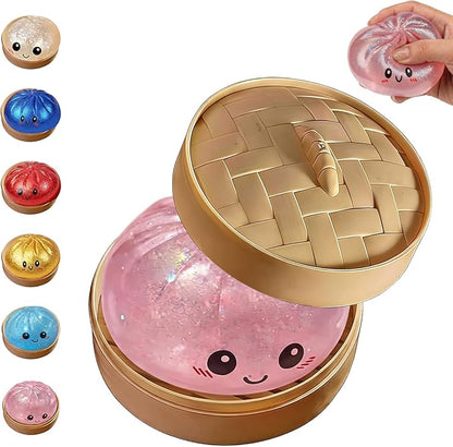 Glitter Dumpling,Colorful Dumpling Squishes Stress Balls with Steamer,Glitter Dumplings Squishies Box,Soft Squeeze Decompression Dough for Anxiety Relief Easter Basket Stuffers (Light Pink)