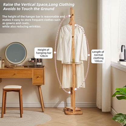 Coat Rack Freestanding, Coat Tree with 2 Main Rods and Stable Design, Clothes Racks for Hanging Coats Clothes Suits Jacket, Easy to Assemble and Very Sturdy, Natural Wood Color USYD-202