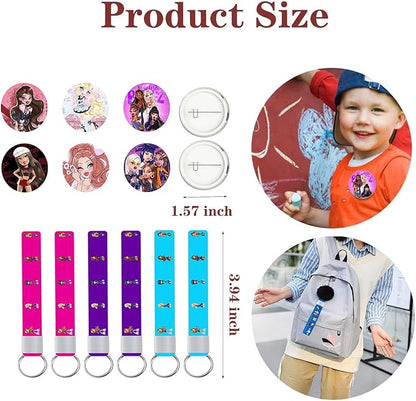 86Pcs Cartoon Delicacy Party Supplies Cartoon Party Favors Include 12Pcs Bracelets-12Pcs Button Pins-12Pcs Keychains-50Pcs Stickers for Birthday Party Decorations