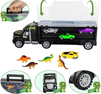 Aokesi Car Toys Transport Carrier Truck Dinosaur Toys for 3-12 Years Old Boys and Girls (Includes 6 Dinosaurs and 6 Mini Car)