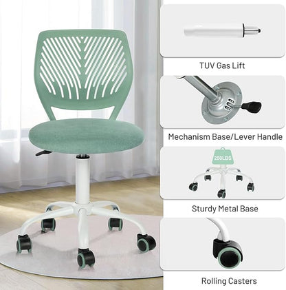 Desk Chair Armless, Kids Office Chair Compact Rolling Fabric Seating Cushion and Plastic Low-Back, Height Adjustable Small Study Computer Task Chair for Student Children Teens with Wheels, Aqua